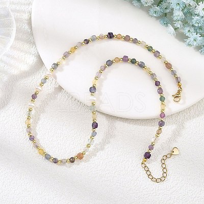 Faceted Natural Fluorite and Pearl Beaded Necklaces NJEW-JN06645-1