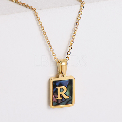 304 Stainless Steel Pave Natural Paua Shell Rectangle Initial Pendant Necklaces for Women FS-WG38E89-18-1