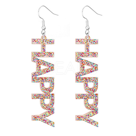 Bling Acrylic Word Happy Dangle Earrings GIPO-PW0001-017G-1