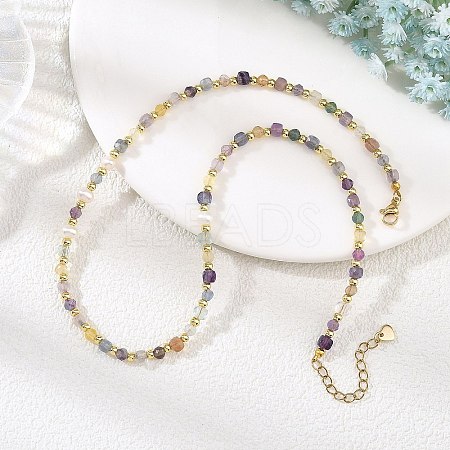 Faceted Natural Fluorite and Pearl Beaded Necklaces NJEW-JN06645-1