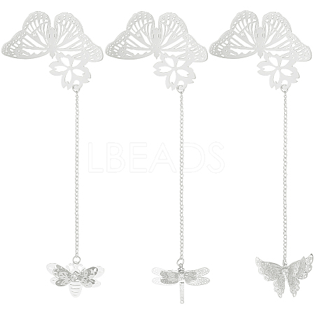 3Pcs 3 Styles Butterfly & Butterfly & Dragonfly Filigree Brass Bookmark with Chains AJEW-SC0002-93P-1