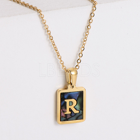 304 Stainless Steel Pave Natural Paua Shell Rectangle Initial Pendant Necklaces for Women FS-WG38E89-18-1
