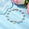 8mm Round Shell Pearl & Brass Heart Link Bracelets for Women BJEW-JB10424-2