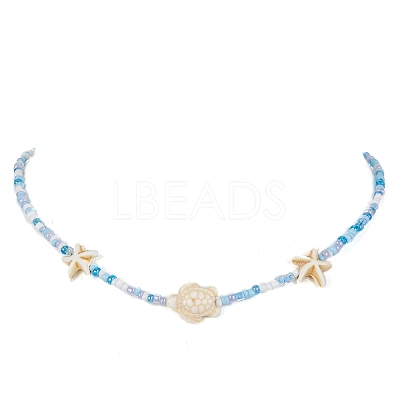 Synthetic Turquoise Starfish & Turtle & Seed Beaded Necklace for Women NJEW-JN04482-02-1