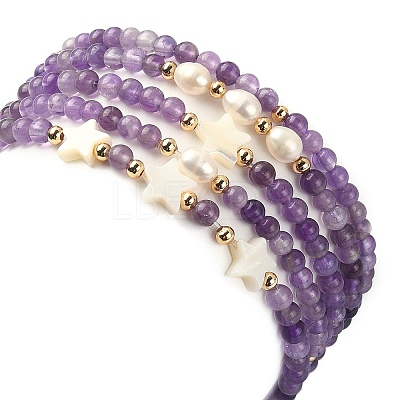 5Pcs 5 Style Natural Amethyst & Pearl & Shell Star Beaded Stretch Bracelets Set BJEW-JB09495-04-1