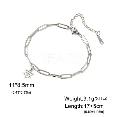 304 Stainless Steel Star of David Chai Charm Bracelets with Paperclip Chains for Women WGF5AD7-01-1