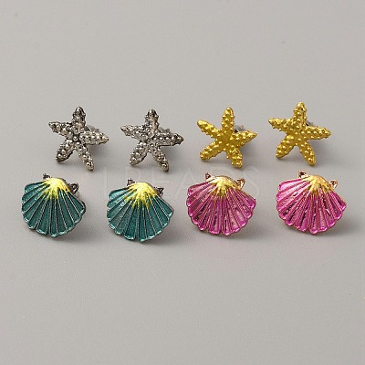 4 Pairs 4 Style Zinc Alloy Shell & Starfish Shape Stud Earrings Set with Iron Pins EJEW-WH0015-09-1