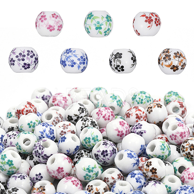 210Pcs 7 Colors Floral Printed Porcelain Beads PORC-CA0001-16-1