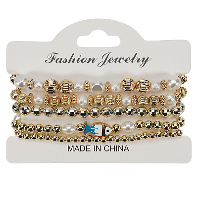 Glass & CCB Plastic Beaded Stretch Bracelets Set FS-WG21267-04-1