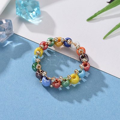 Round Glass Seed Beaded Finger Rings RJEW-JR00307-01-1