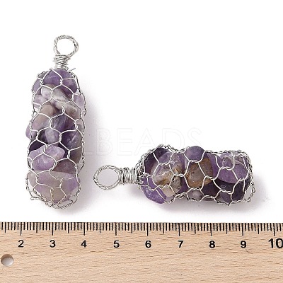 Rack Plating Copper Wire Wrapped Natural Amethyst Chip Big Pendants G-C130-01P-02-1