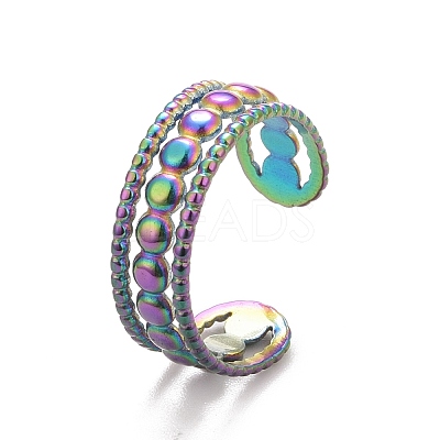 Ion Plating(IP) Rainbow Color 304 Stainless Steel Triple Line Open Cuff Ring for Women RJEW-C025-07M-1
