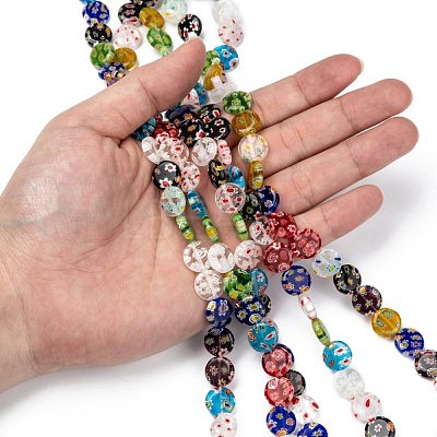Flat Round Handmade Millefiori Glass Beads Strands LK-R004-62-1