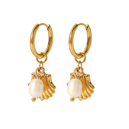 Beach Style Stainless Steel Gold Plated Imitation Pearl Shell Dangle Earrings HN4085-1