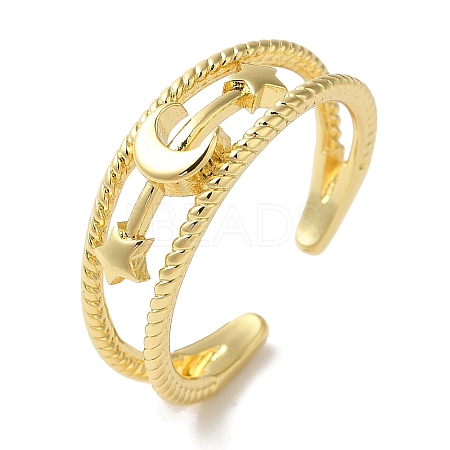 Moon & Star Rack Plating Brass Open Cuff Finger Rings for Women RJEW-L123-100G-1