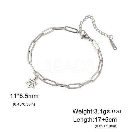 304 Stainless Steel Star of David Chai Charm Bracelets with Paperclip Chains for Women WGF5AD7-01-1