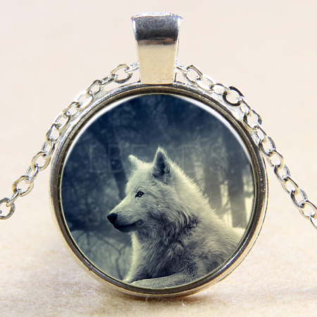 Wolf Pattern Flat Round Glass Pendant Necklaces NJEW-N0051-013A-02-1