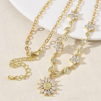 Brass Pave Cubic Zirconia Flower Pendant Necklaces NJEW-C121-04C-G-1