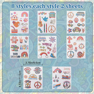 8 Sheets 8 Style Love and Peace Theme Paper Body Art Tattoos Stickers DIY-CP0007-55-1