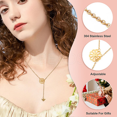 Adjustable 304 Stainless Steel Cable Chain Necklaces Flower & Bees Alloy Charm Lariat Necklaces for Women NJEW-TAC0017-02-1