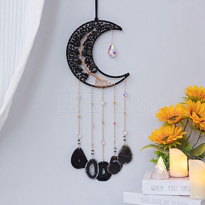 Copper Wire Wrapped Natural Obsidian Moon Hanging Ornaments PW-WG39344-01-1