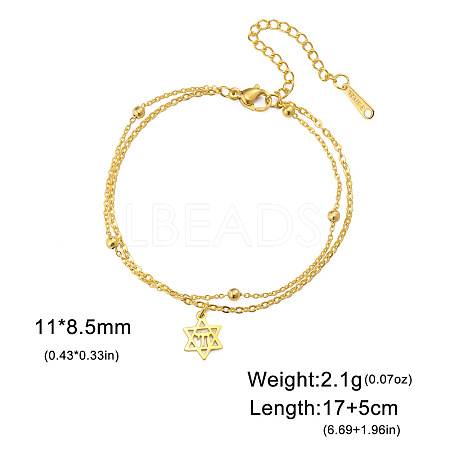 304 Stainless Steel Star of David Chai Charm 2-Strand Chain Bracelets for Women WGF5AD7-04-1