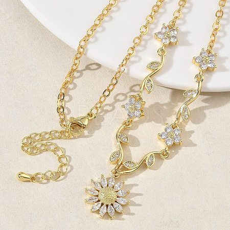 Brass Pave Cubic Zirconia Flower Pendant Necklaces NJEW-C121-04C-G-1