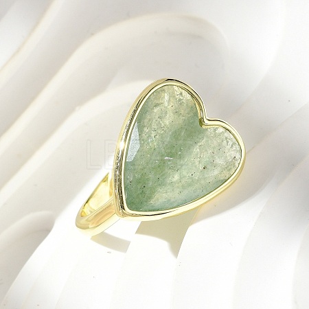 Heart Brass Natural Green Strawberry Quartz  Finger Rings X-RJEW-D304-01G-C-1