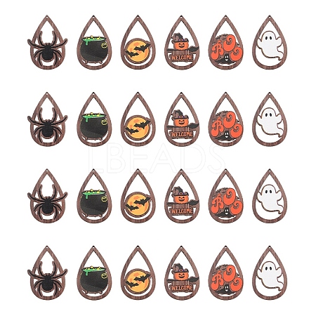 24Pcs 6 Styles Halloween Theme Single Face Printed Aspen Wood Big Pendants WOOD-FS0001-02-1