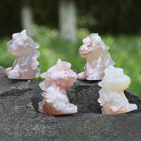 Natural Cherry Blossom Agate Carved Healing Unicorn Figurines PW-WG76379-01-1