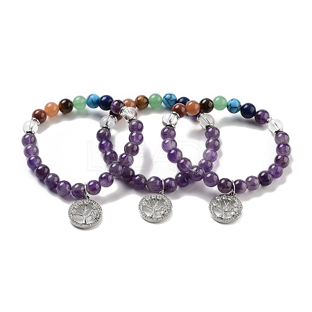 Natural Amethyst Round Beaded Chakra Stretch Bracelets BJEW-K251-01D-1