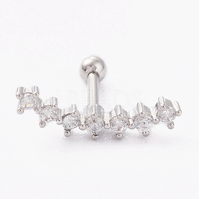 Brass Micro Pave Clear Cubic Zirconia Barbell Cartilage Earrings X-AJEW-P017-09P-1