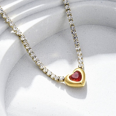 304 Stainless Steel Red & Clear Cubic Zirconia Heart Pendant Necklaces for Women NJEW-Z044-15G-01-1