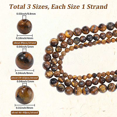 3 Strands 3 Styles Natural Grade AB Tiger Eye Round Beads Strands G-PA0001-38-1