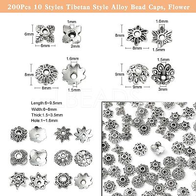 200Pcs 10 Styles Tibetan Style Alloy Bead Caps TIBE-CJ0001-22-1