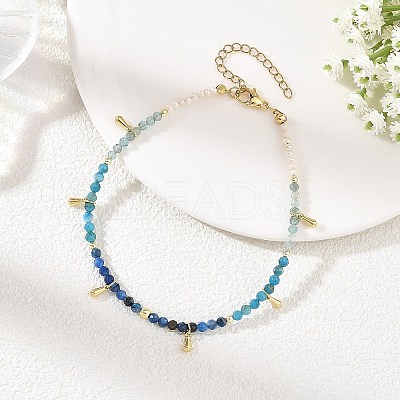 Natural Apatite & Kyanite Faceted Round and Pearl Beaded Anklets AJEW-AN00872-01-1