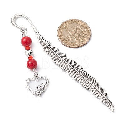 Valentine's Day Alloy Heart Pendant Bookmarks AJEW-JK00270-03-1
