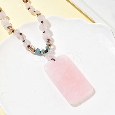 Natural Rose Quartz Rectangle Pendant Glass Beaded Long Necklaces GG-CBAE048-02B-1