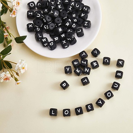 20Pcs Black Cube Letter Silicone Beads 12x12x12mm Square Dice Alphabet Beads with 2mm Hole Spacer Loose Letter Beads for Bracelet Necklace Jewelry Making JX433Y-1
