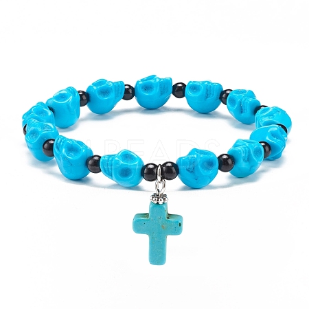 Natural Mashan Jade Skull Beaded Stretch Bracelet with Synthetic Turquoise(Dyed) Cross Charm BJEW-JB08378-04-1
