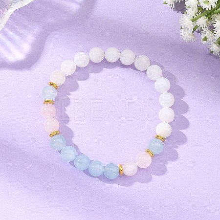 8MM Round Natural Rainbow Moonstone & Dyed White Jade & Madagascar Rose Quartz Beaded Stretch Bracelets BJEW-JB14489-1