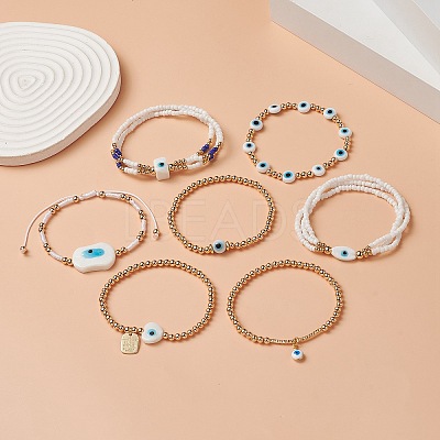 7Pcs 7 Style Evil Eye Lampwork & Glass Seed & Brass Beaded Stretch Bracelets Set for Women BJEW-JB09249-02-1