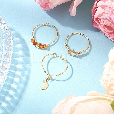 3Pcs Copper Wire Wrapped Natural Carnelian Faceted Round Bead Finger Rings for Women RJEW-JR00887-01-1