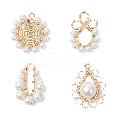 4Pcs 4 Styles Shell Pearl Round Beaded Copper Wire Wrapped Pendants PALLOY-TA00328-1