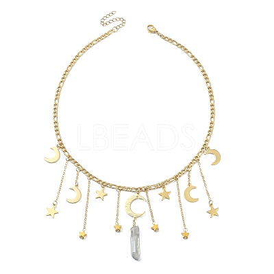 Moon & Star 304 Stainless Steel & Natural Quartz Crystal Charms Bib Necklace NJEW-TA00094-1