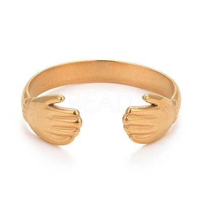 Ion Plating(IP) 304 Stainless Steel Double Hand Hug Open Cuff Ring for Women RJEW-C025-08B-G-1