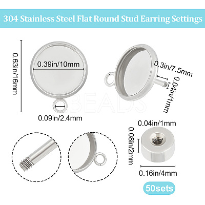 50 Sets 304 Stainless Steel Stud Earring Finding STAS-BBC0003-32-1