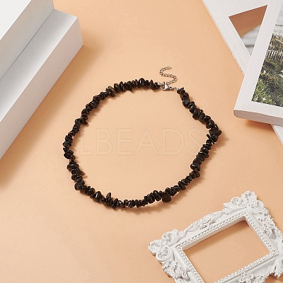 Natural Obsidian Chip Beaded Necklaces with 304 Stainless Steel Lobster Claw Clasp & Chain Extender NJEW-JN04225-03-1