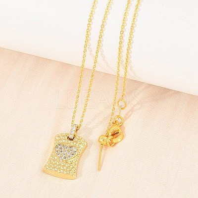 Brass Micro Pave Cubic Zirconia Rectangle with Heart Pendant Adjustable Slider Necklaces KK-CBA4547-08G-03-1