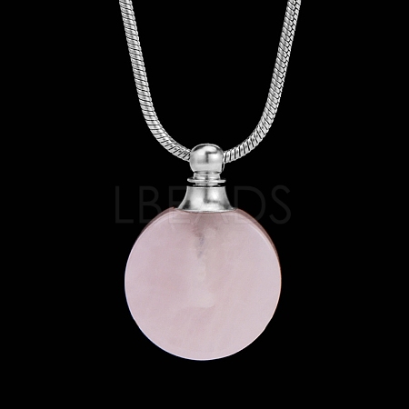 Natural Rose Quartz Flat Round Perfume Bottle Pendant Necklaces PW-WGD45C6-12-1